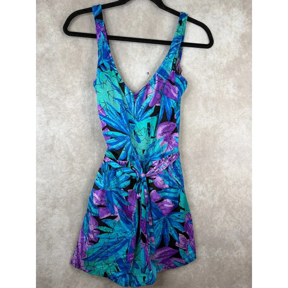 Maxine‎ of Hollywood Swim Dress Women 16 Blue Purple Tropical Leaf Vintage 90s